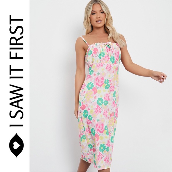 Floral Square Neck Midi Dress with Ruched Bust and Slit - Picture 12 of 12